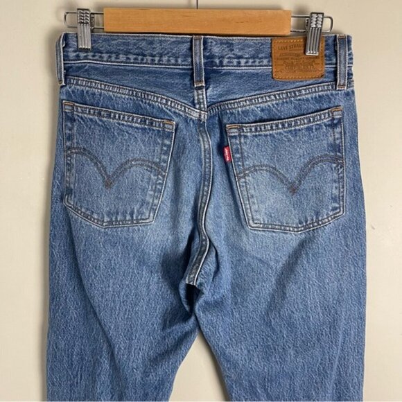 Levi’s Wedgie Straight Jean medium wash cropped ankle raw hem ridged denim sz 27 - Picture 5 of 13